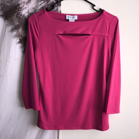 Carmen Marc Valvo Hot Pink 3/4 Sleeve Cut Out Top size Small - Picture 1 of 6